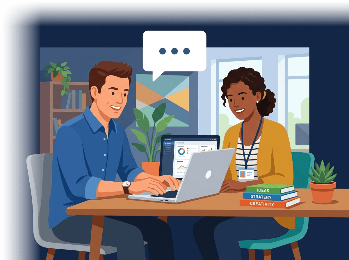 Two colleagues collaborating at a desk with laptop