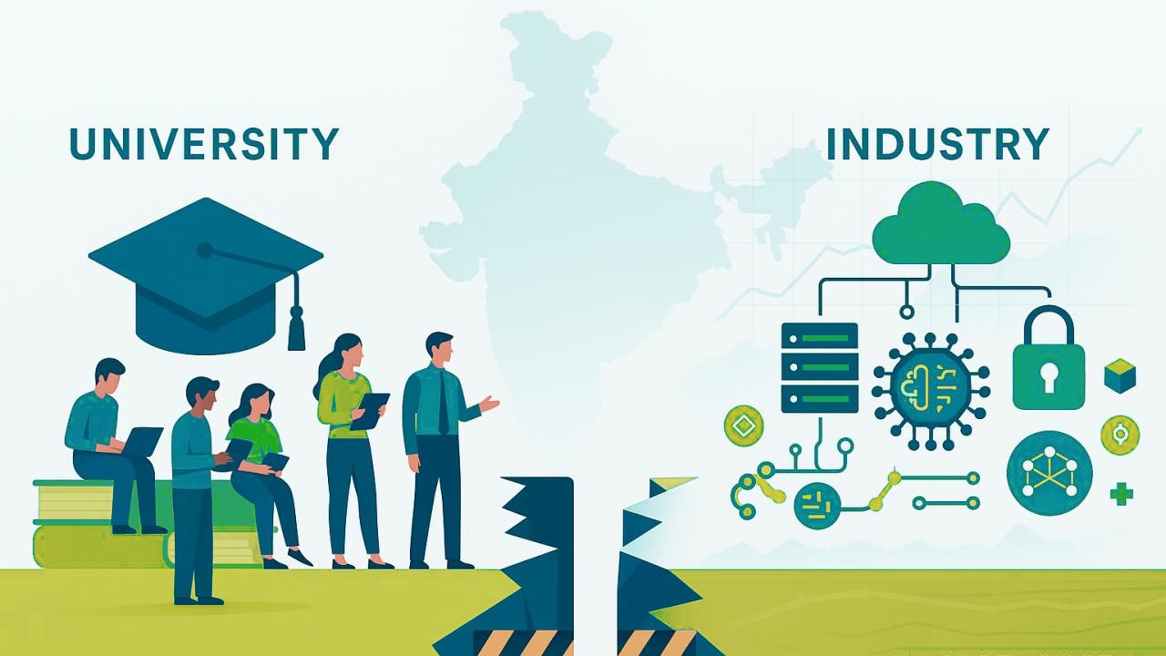 A group of university students on one side of a gap and an industry team with cloud, server and security systems on the other